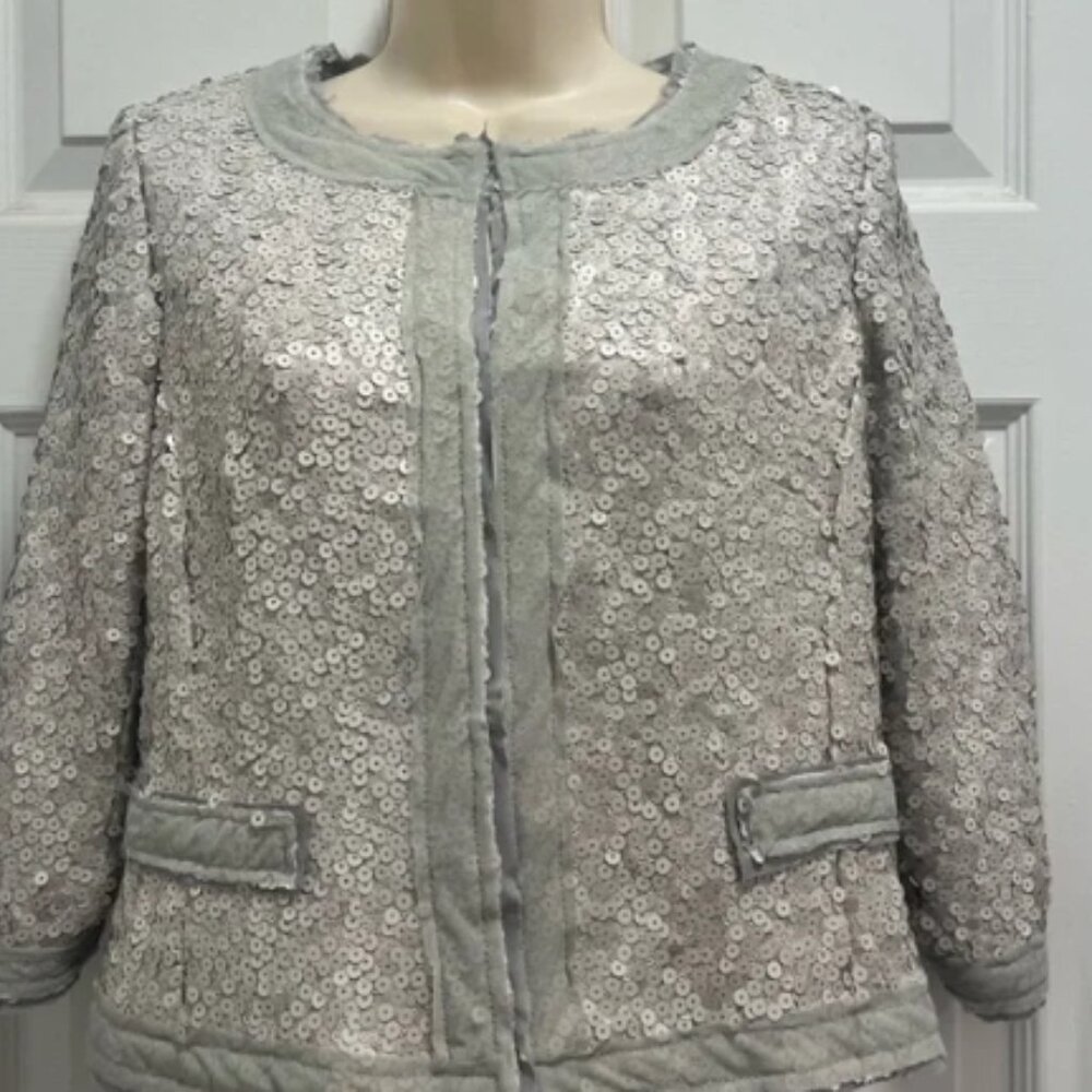 Milly of New York Gray Sequin Cropped Jacket Mesh Trim - Size 4 - EUC